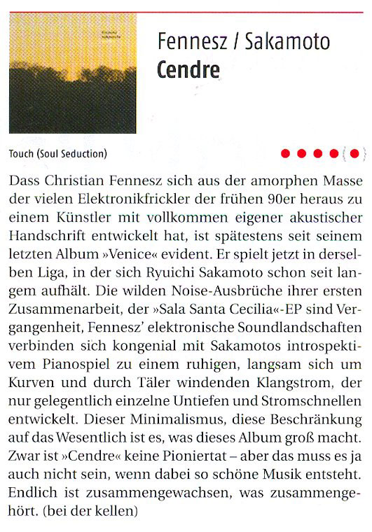 Fennesz sakamoto cendre rar