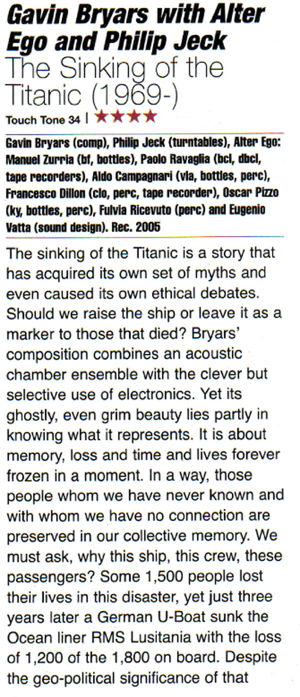 Tone 34 – Gavin Bryars/Philip Jeck/Alter Ego “The Sinking of the